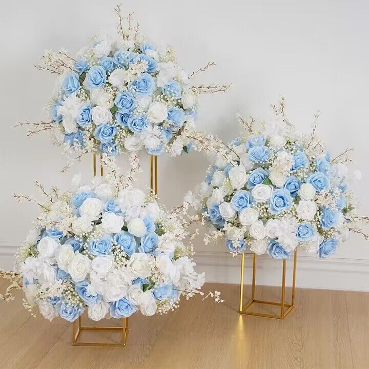 Sky Blue, White Rose, Baby breath Artificial Wedding Table Flower Ball, Wedding Centerpiece Table Decor