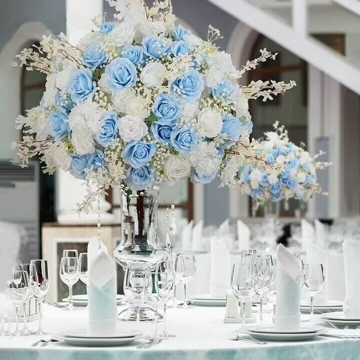 Sky Blue, White Rose, Baby breath Artificial Wedding Table Flower Ball, Wedding Centerpiece Table Decor