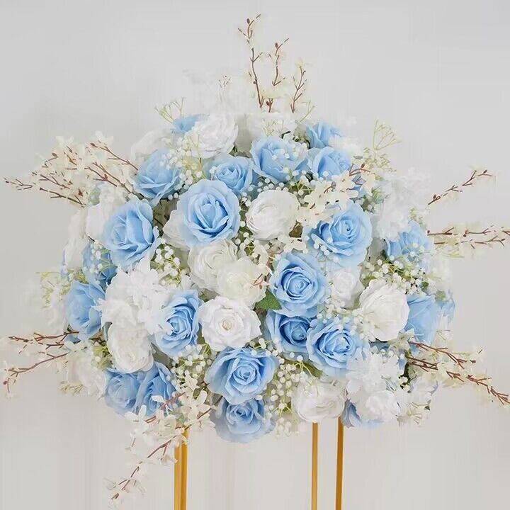 Sky Blue, White Rose, Baby breath Artificial Wedding Table Flower Ball, Wedding Centerpiece Table Decor