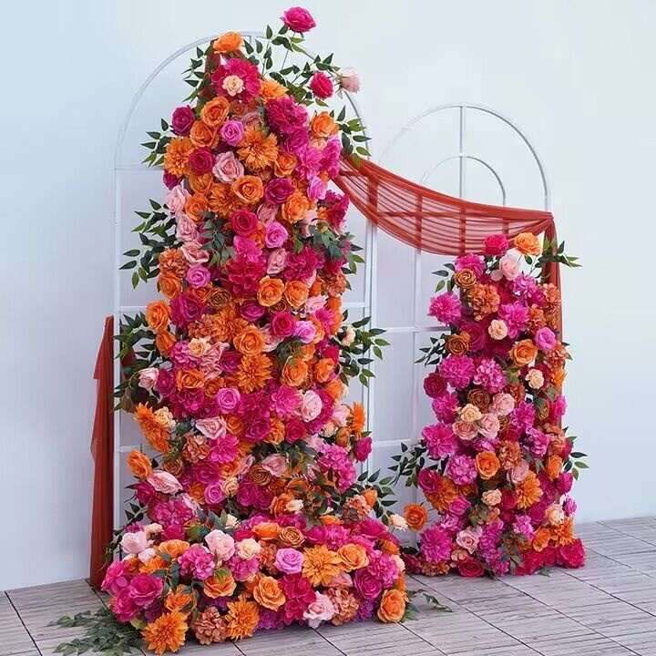 Burnt Orange, Hot Pink Wedding Archway Flower Arrangement, Centerpiece, Ceremony Reception, Engagement Backdrop Decoration