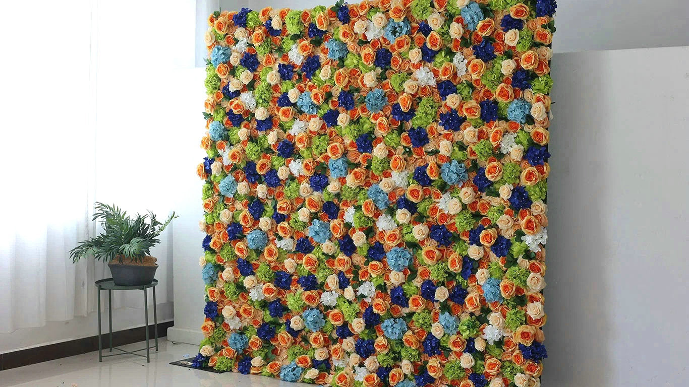 Champagne, Orange, Green, Nave Blue Flower Backdrop, Wedding Engagement Baby Shower Backdrop Decoration