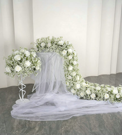 Cream Rose and Babysbreath Flower Runner, Flower Centerpiece, Wedding, Baby Shower Backdrop Decoration