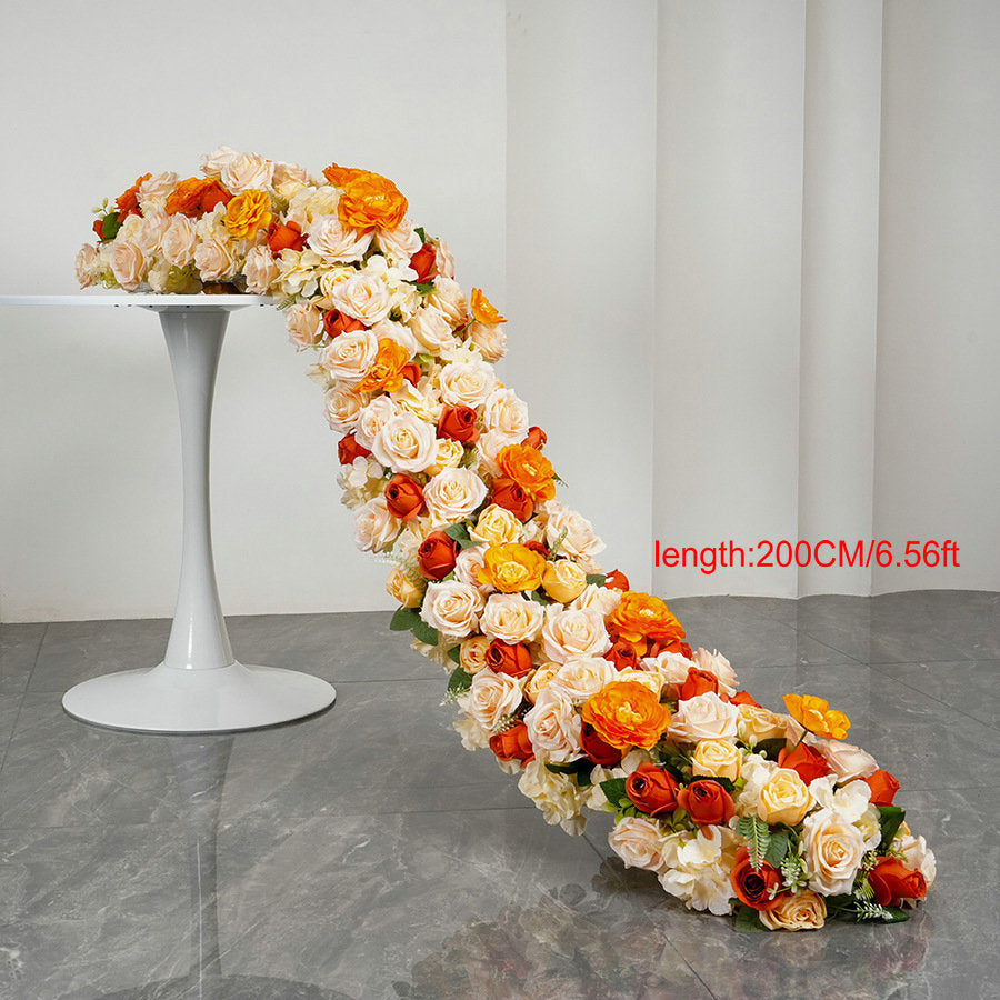 Orange, Yellow Flower Arrangement, Flower Centerpiece, Wedding Reception Table Runner