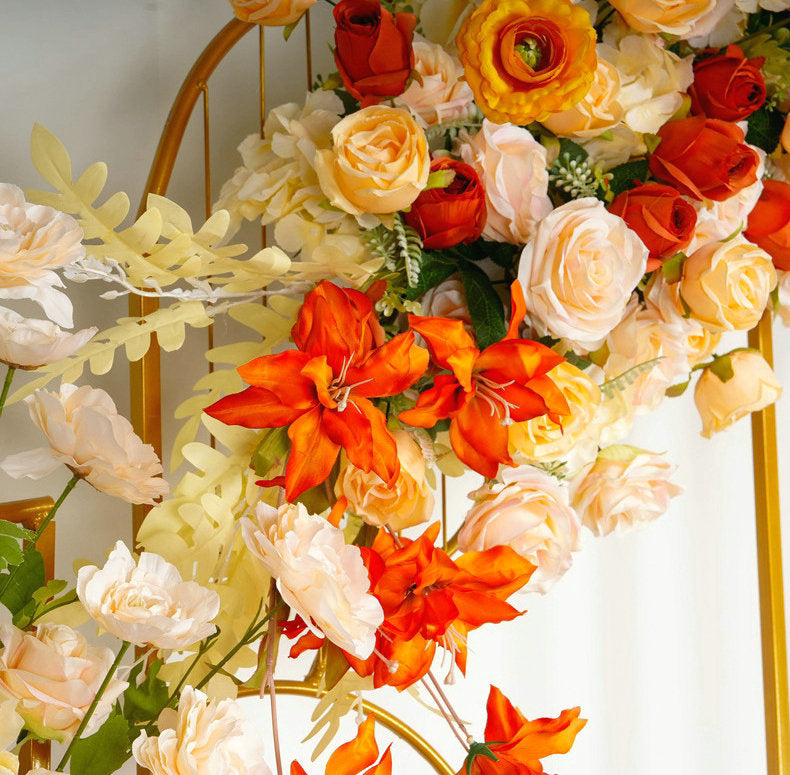 Orange, Yellow Flower Arrangement, Flower Centerpiece, Wedding Reception Table Runner