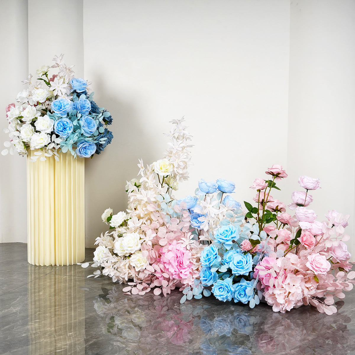 Artificial Light Pink, Sky Blue, Ivory Flower Row, Flower Centerpiece, Wedding Reception Table Runner