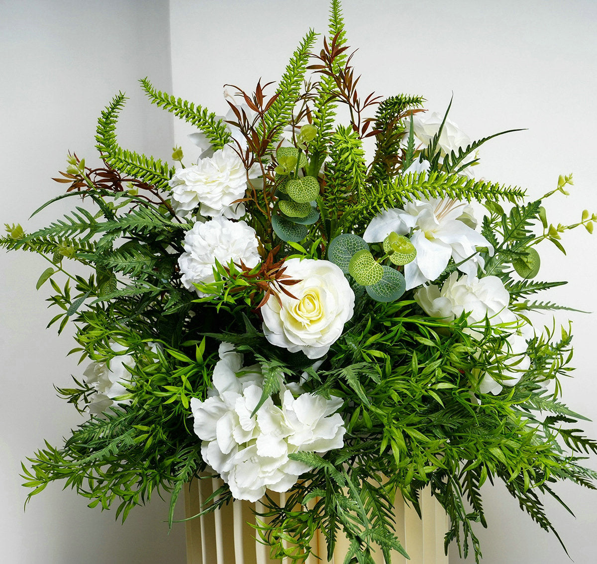 Artificial Green Plants, White Flower Arrangemnet, Centerpiece, Wedding Reception Table Runner