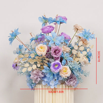 Artificial Sky Blue, Light Purple Flower Row, Flower Centerpiece, Wedding Reception Table Runner