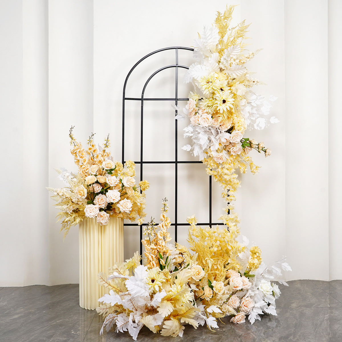 Gold, Peach, White Flower Arrangement, Centerpiece, Floor Flower, Wedding Engagement Bridal Shower Backdrop Decoration