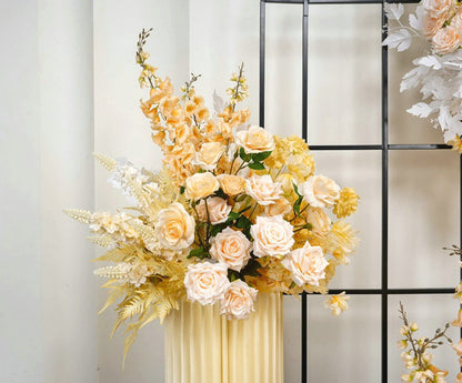 Gold, Peach, White Flower Arrangement, Centerpiece, Floor Flower, Wedding Engagement Bridal Shower Backdrop Decoration