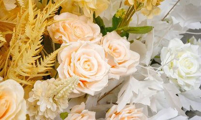 Gold, Peach, White Flower Arrangement, Centerpiece, Floor Flower, Wedding Engagement Bridal Shower Backdrop Decoration