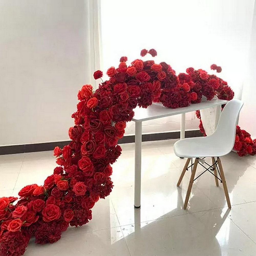 Artificial Table Arrangement, Red Rose, Peony, Eucalyptus Leaves, Wedding Reception Table Runner