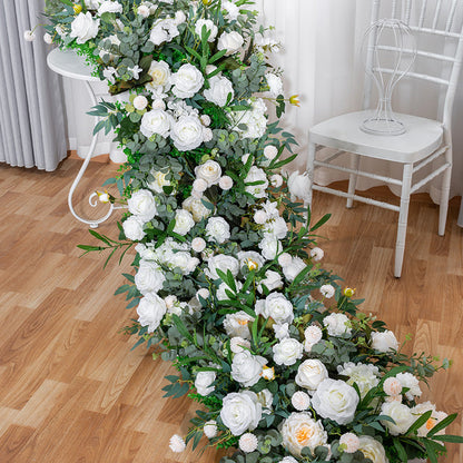 Artificial Table Arrangement, Cream Flowers, Green Plants Wedding Reception Table Runner