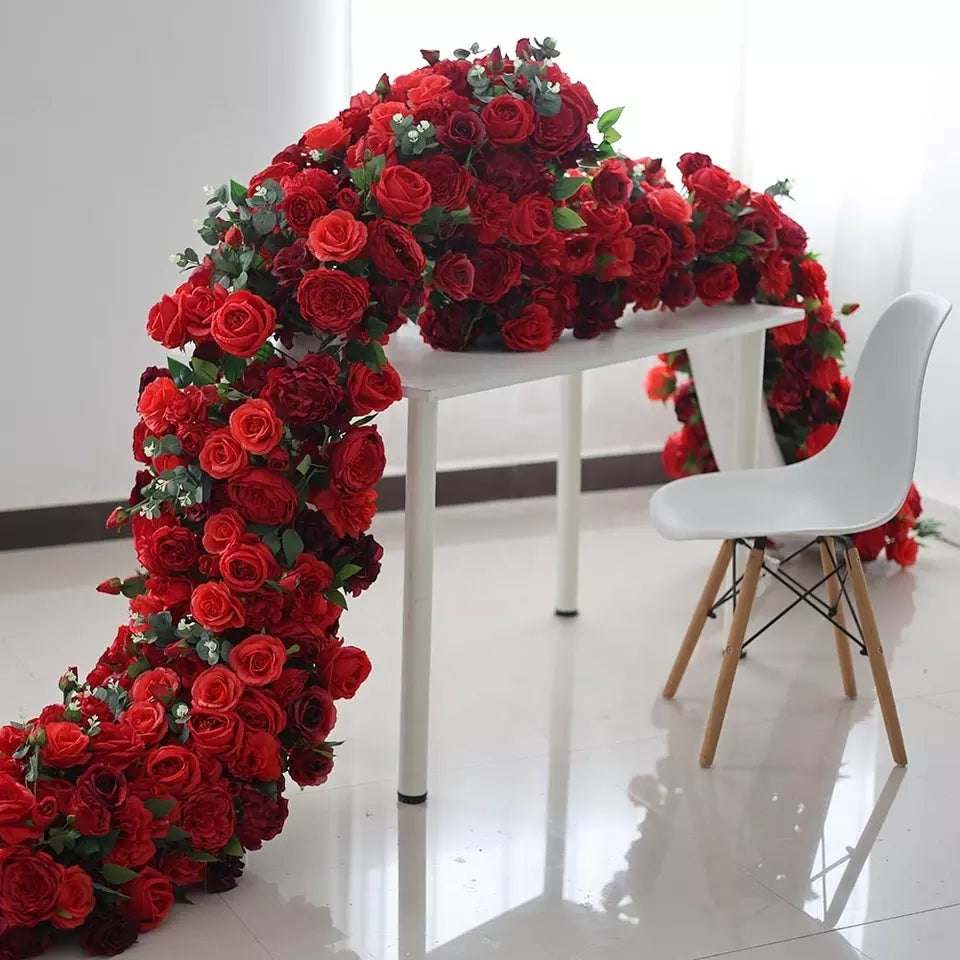 Artificial Table Arrangement, Red Rose, Peony, Eucalyptus Leaves, Wedding Reception Table Runner