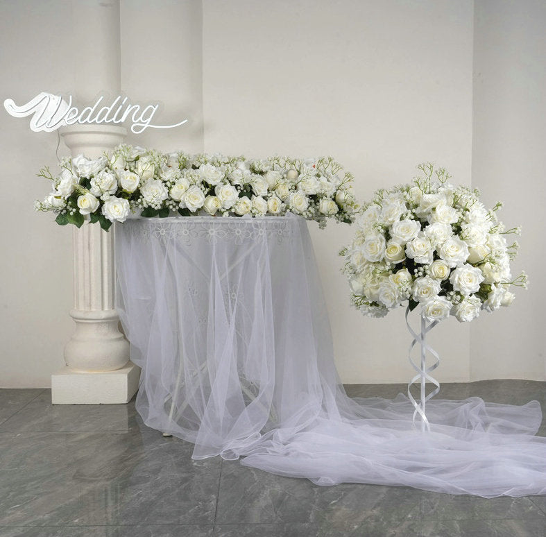 Ivory Rose, Baby's Breath Flower Runner, Flower Centerpiece, Wedding, Baby Shower Backdrop Decor