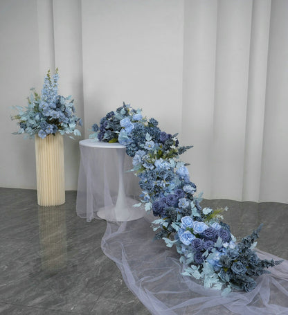 Artificial Dusty Blue Flower Runner, Wedding Flower Centerpiece, Bridal Shower Backdrop Decor