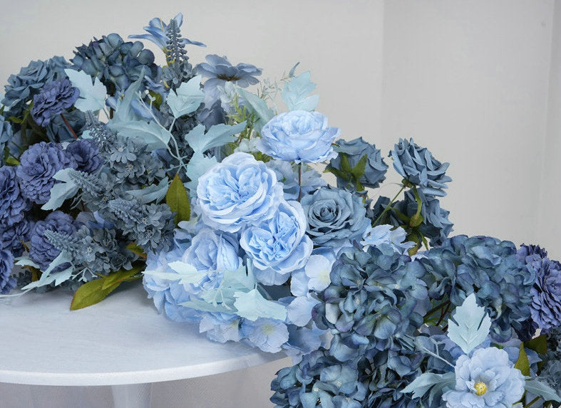 Artificial Dusty Blue Flower Runner, Wedding Flower Centerpiece, Bridal Shower Backdrop Decor