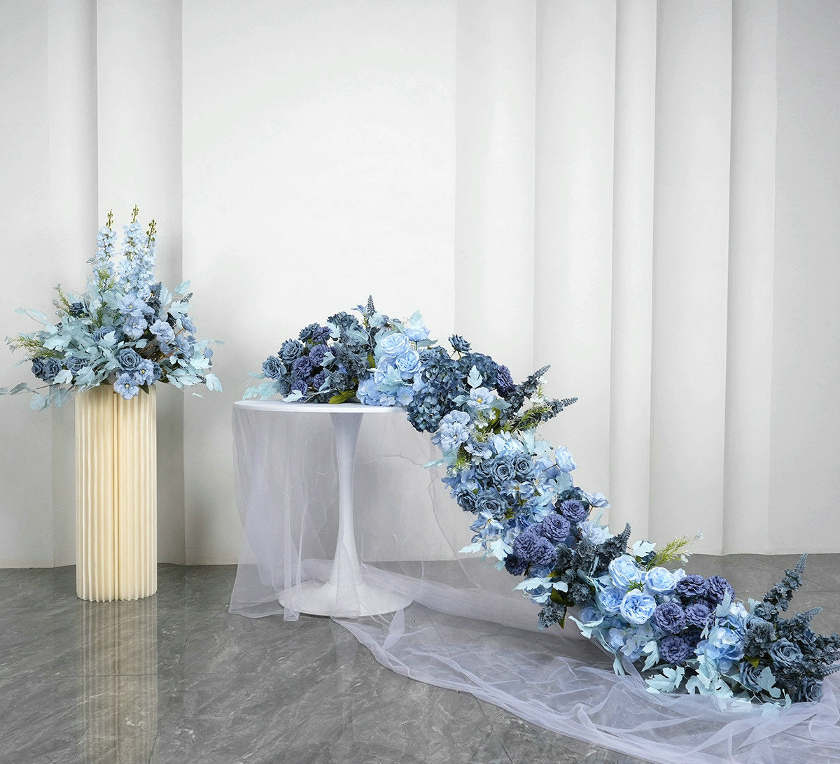 Artificial Dusty Blue Flower Runner, Wedding Flower Centerpiece, Bridal Shower Backdrop Decor