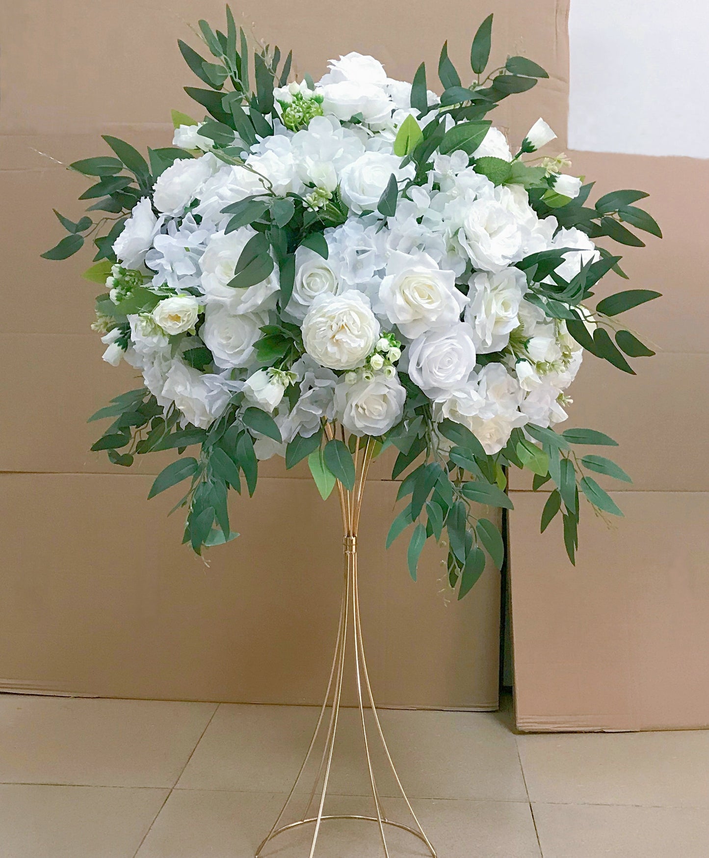 Cream Rose Table Centerpiece Flower Ball with Salix Leaves Event Party Backdrop Decor