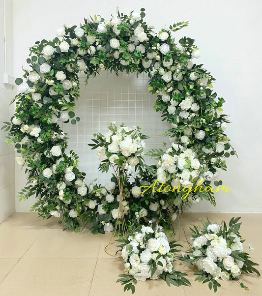 Round Green Leaves White Rose Arch Flower Wedding Engagement Ceremony Table Centerpiece