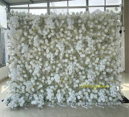 White Rose Orchid Baby'breath Artificial Flower Wall Rolling Up Cloth Floral Wall Arrangement Event Party Backdrop Decor