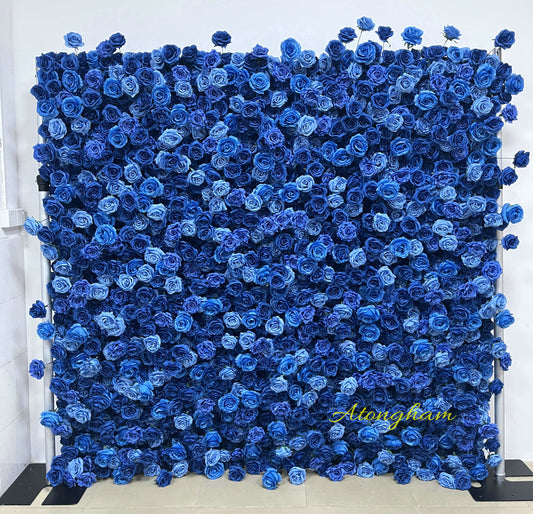 Cloth Rolling Up Artificial Flower Wall Sapphire Blue Rose Floral Arrangement Event Party Backdrop Decor