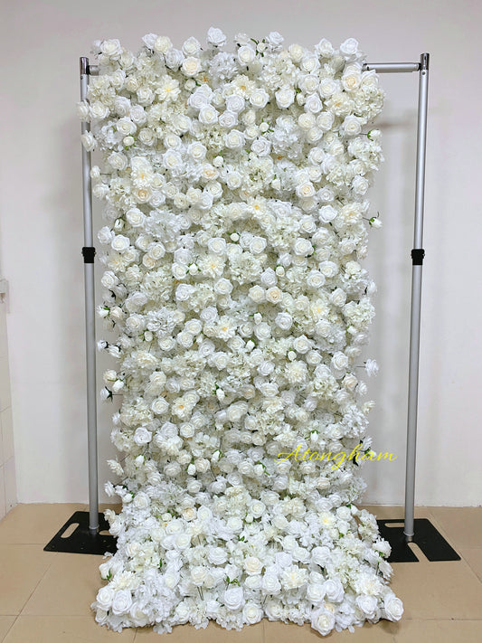 White Curtain Artificial Floral 5D Cloth Roll Up Flower Wall Wedding Ceremony Backdrop Decor