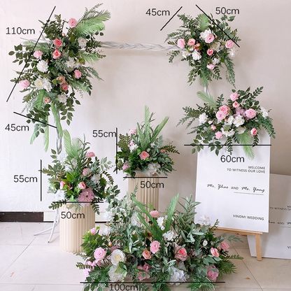 Bright Pink Leafy Flower Runner,Wedding Backdrops Centerpiece,Flower Arrangement,Road Lead Flowers