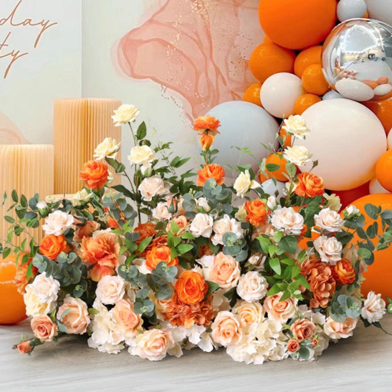 Artificial Rose Table Runner,Orange Light Champagne Flower Row,Wedding Bridal Shower Decor,Table Arrangement