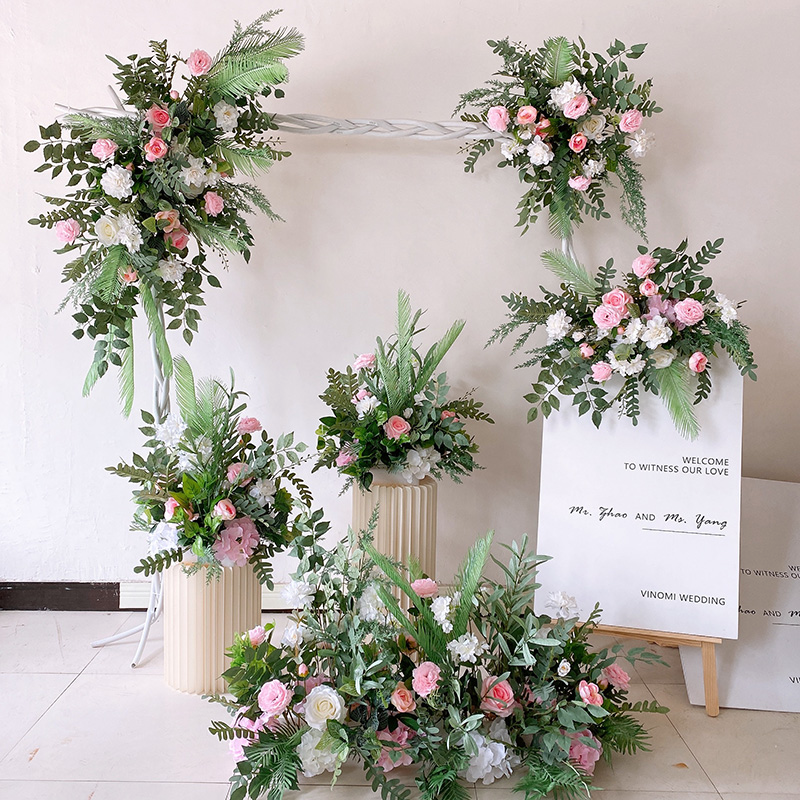 Bright Pink Leafy Flower Runner,Wedding Backdrops Centerpiece,Flower Arrangement,Road Lead Flowers