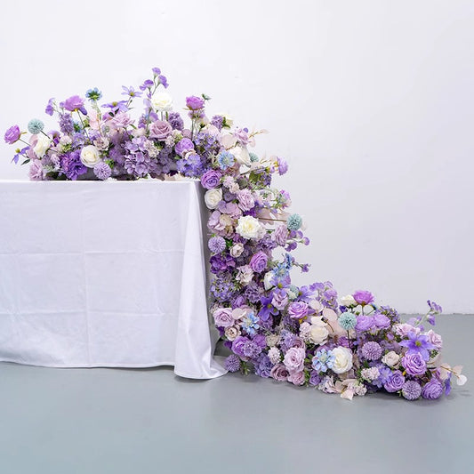 Artificial Rose Table Runner,Purple White Flower Row,Wedding Table Centerpiece,Bridal Shower Decor