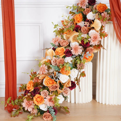 Autumn Arch Flower Garland, Rusty Orange, Burgundy, Dusty Pink Flower Row, Wedding Engagement Backdrop Decor