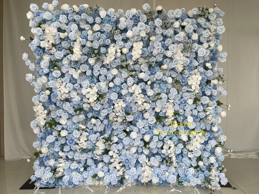 Light Blue Rose 5D Cloth Roll Up Flower Wall Fabric Artificial Floral Wedding Event Party Backdrop