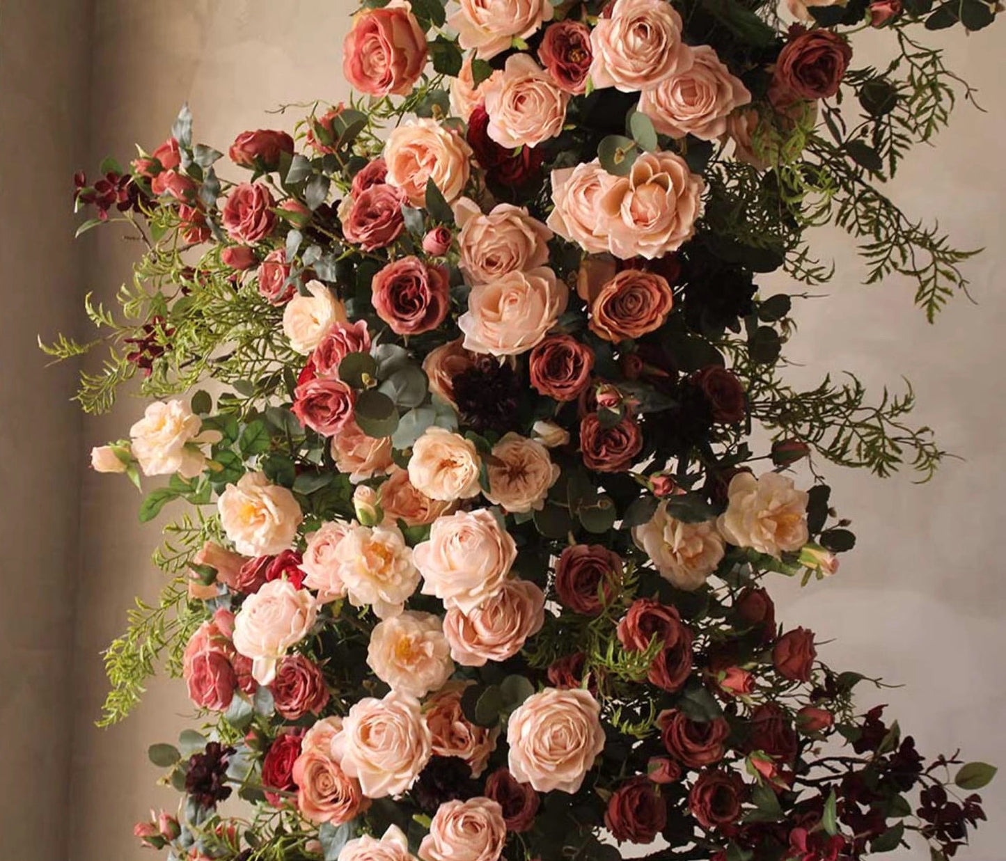 Peach, Burgundy Archway Flower, Eucalyptus Leaves Floral Row, Wedding Engagement Party Custom Flower