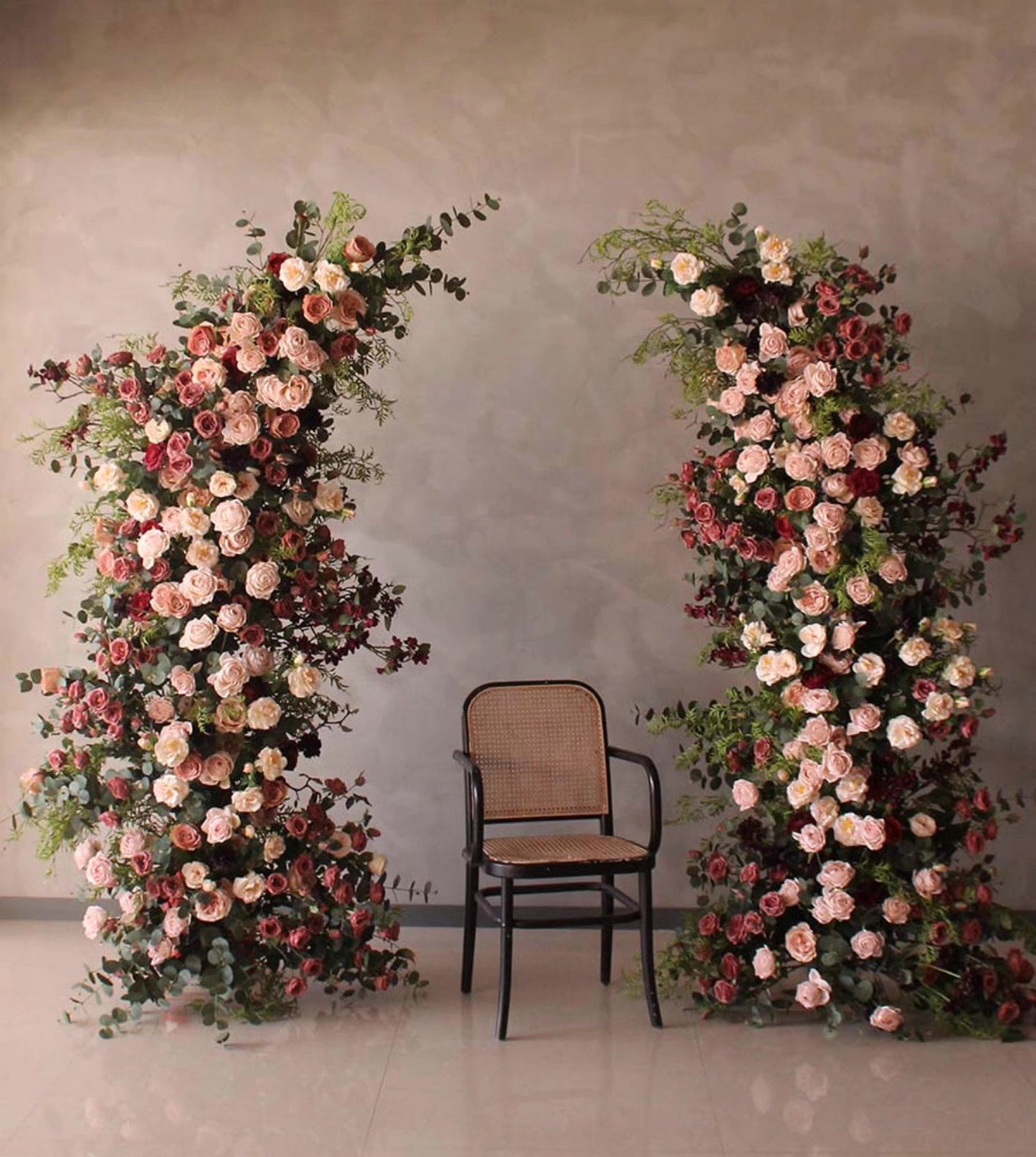 Peach, Burgundy Archway Flower, Eucalyptus Leaves Floral Row, Wedding Engagement Party Custom Flower