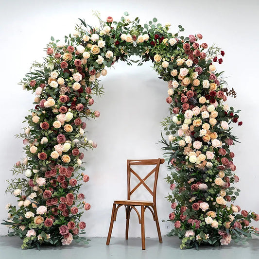 Coffee Peony Champagne Rose With Greenery Floral Row,Outdoor Wedding Backdrop,Flower Arrangement,Arch-Decoration