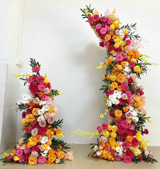 Orange Hot Pink Wedding Archway Flower Olive Leaves Customize Flower Arrangement Engagement Backdrop Photography Props