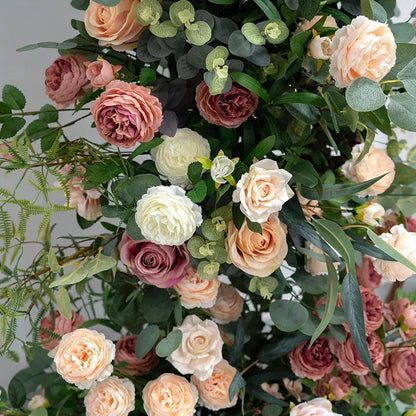 Coffee Peony Champagne Rose With Greenery Floral Row,Outdoor Wedding Backdrop,Flower Arrangement,Arch-Decoration