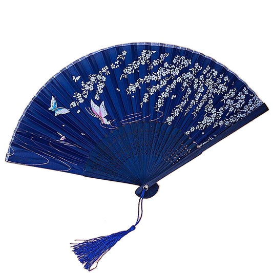 Dark Blue Custom Text Colorful Floral Silk Folding Fans for Wedding Favors