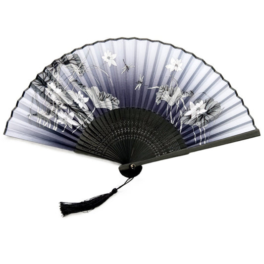 Black Lotus Custom Text Ink Floral Silk Folding Fans for Wedding Favors