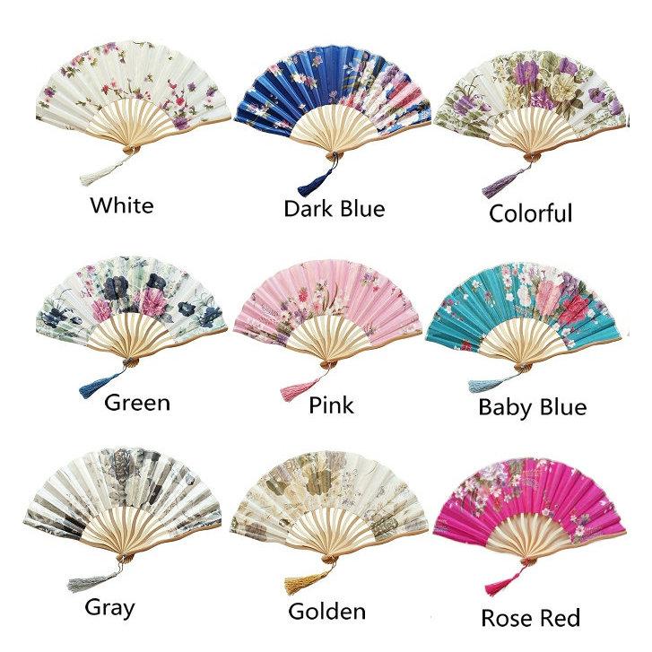 Green Custom Silk Bamboo Hand held Folded Fans for Bridal Shower Wedding Favors