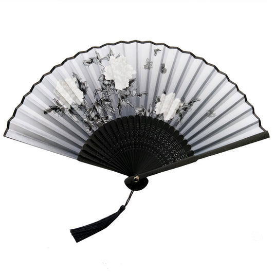 Black Peony Custom Text Ink Floral Silk Folding Fans for Wedding Favors