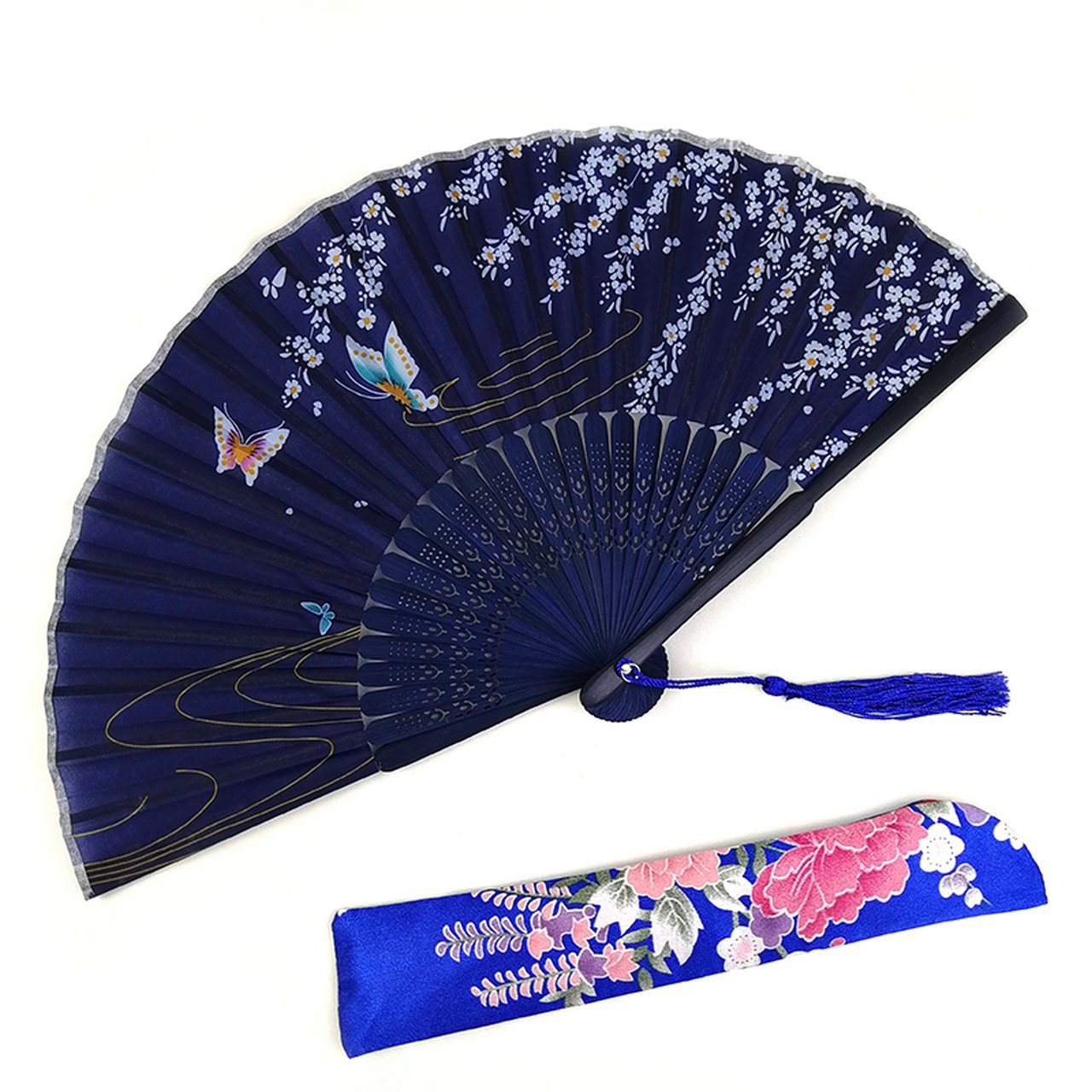 Dark Blue Custom Text Folding Fans for Bridal Shower Floral Silk Fans Wedding Favors