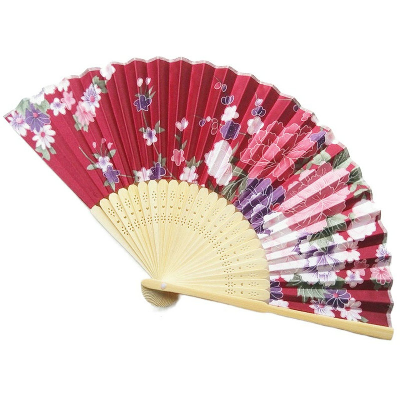 Wine Red Engraved Silk Floral Fan Folding Fan Wedding Favors Party Gifts