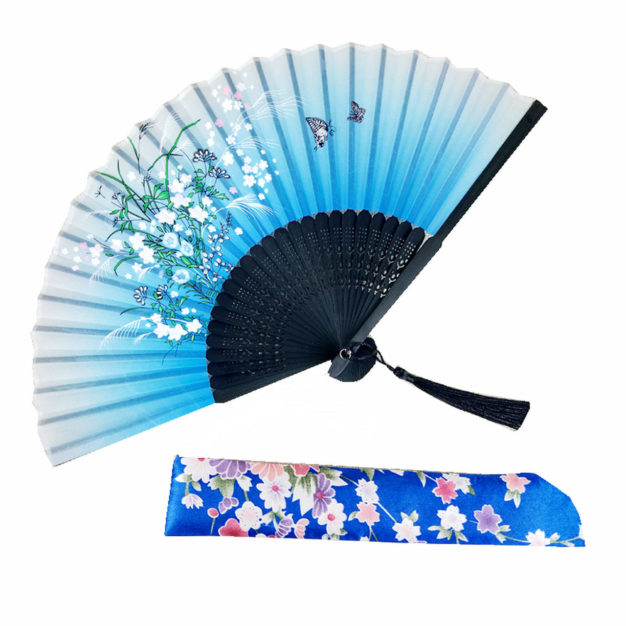 Blue Custom Text Folding Fans for Bridal Shower Floral Silk Fans Wedding Favors