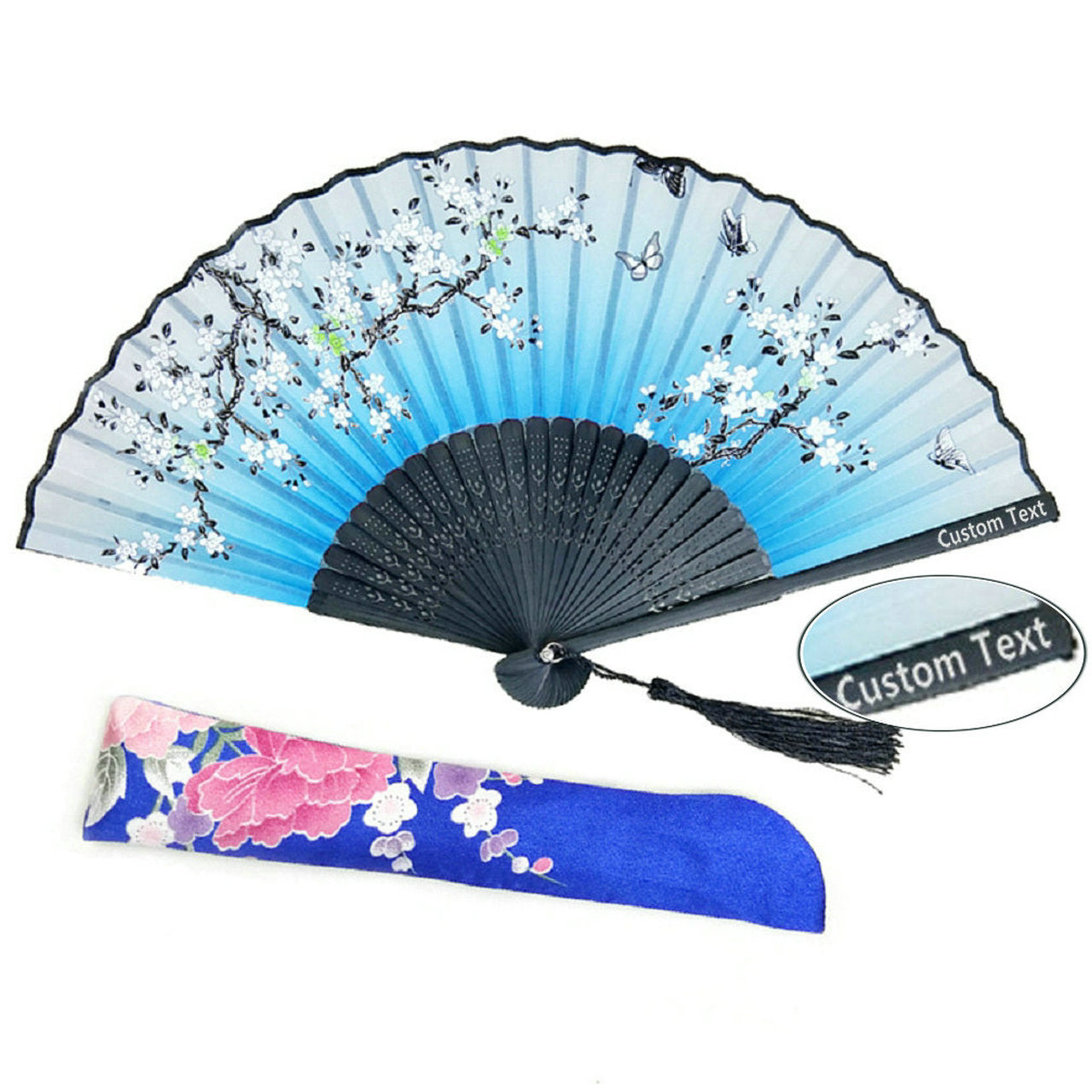 Blue Custom Text Folding Fans for Bridal Shower Floral Silk Fans Wedding Favors