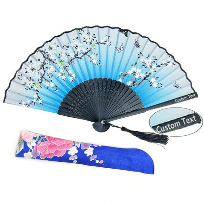 Blue Custom Text Folding Fans for Bridal Shower Floral Silk Fans Wedding Favors