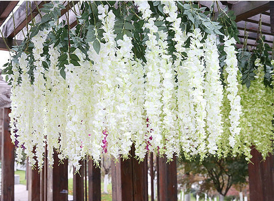 12pcs Length 24/35/47 Inches Holy White Wisteria Vine Hanging Flowers for Outdoor Indoor Wedding Ceremony Arch Artificial Silk Floral Decors